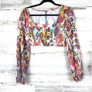 En Creme Womens S multicolor long sleeve aztec print square crop top blouse NEW